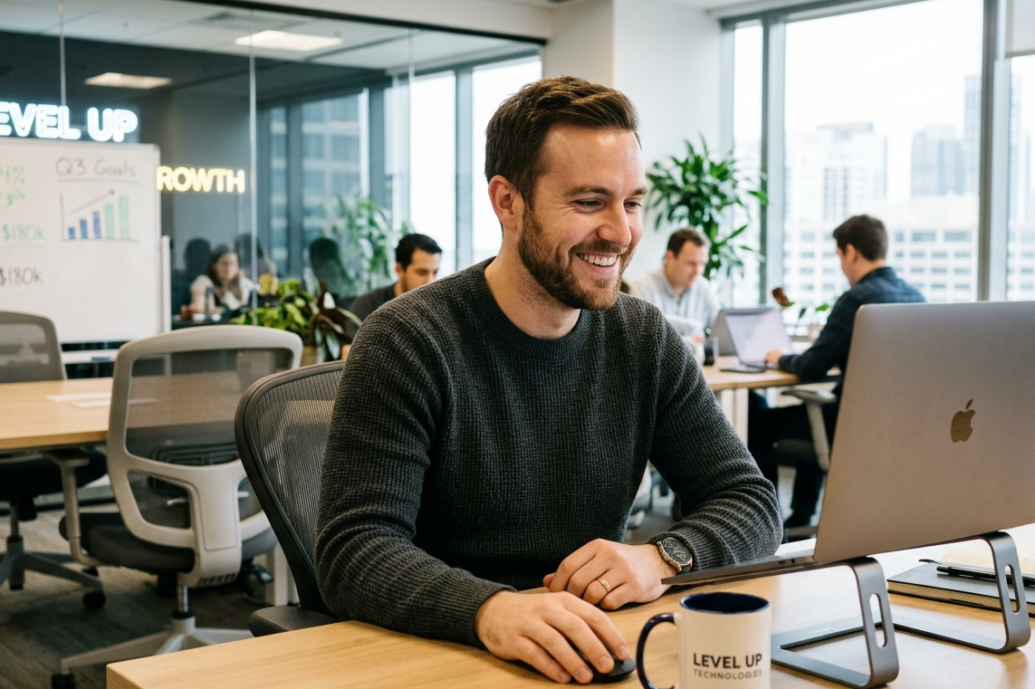 founder smiling at computer